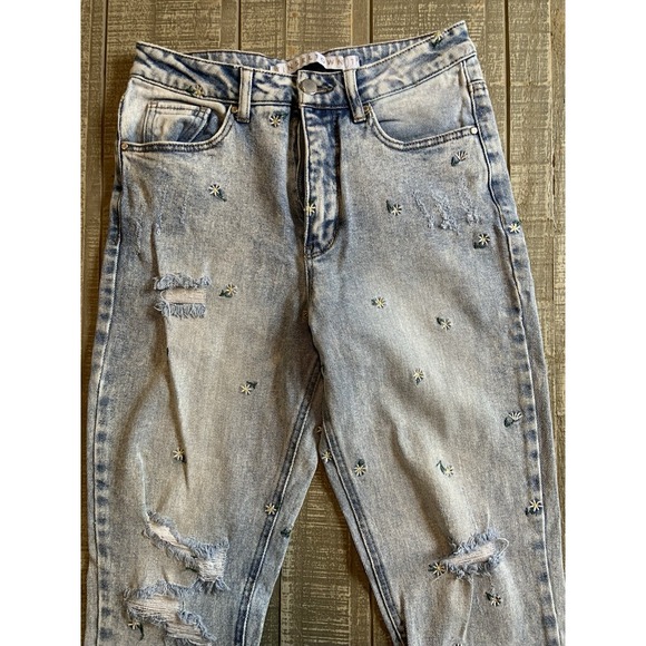 Tinseltown Embroidered flower Jeans Size 7 Mid Rise Women's Denim Fringe Hem - Picture 4 of 6